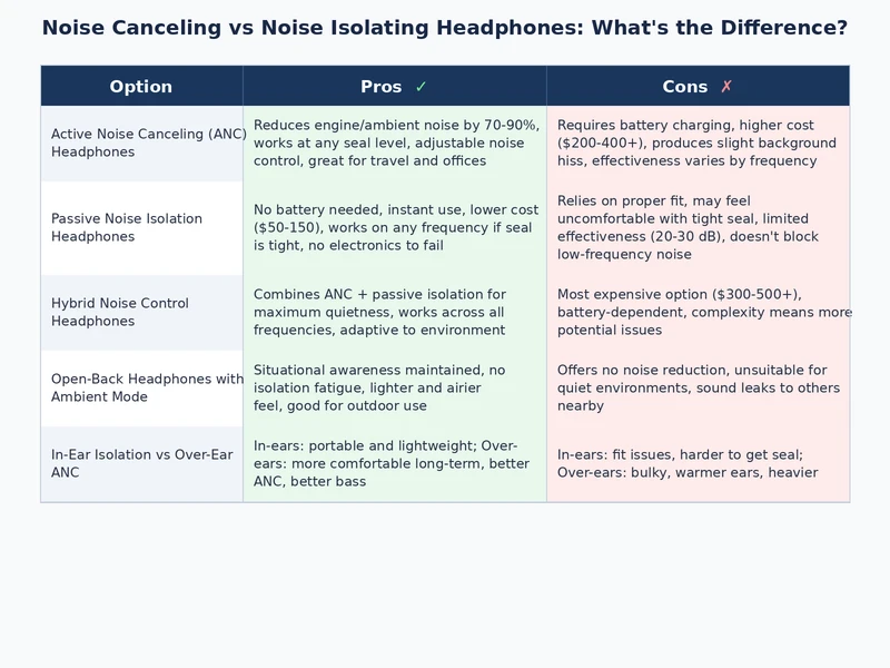 infographic comparison chart of active noise canceling versus passive noise isolating headphones covering battery use case frequency range and lifespan