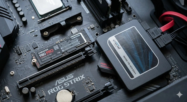 NVMe M.2 drive next to a SATA SSD illustrating the NVMe vs SATA SSD difference in interface and form factor