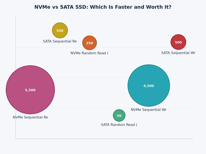 Bar chart comparing NVMe vs SATA SSD sequential read and write speeds across PCIe 3.0 and PCIe 4.0 generations