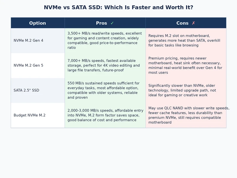 Infographic showing NVMe vs SATA SSD difference across workload categories, thermal output, and price per gigabyte