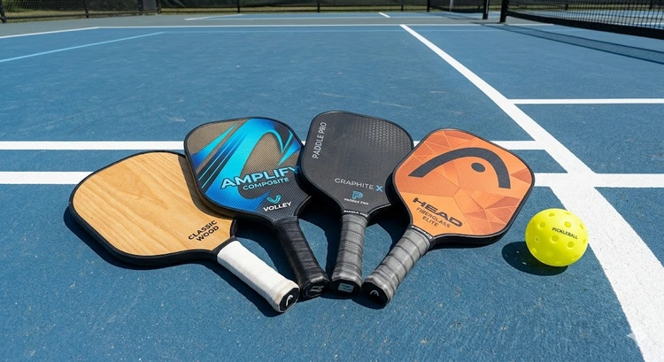 Pickleball paddle buying guide showing paddle specs including weight, core thickness, and face material labels