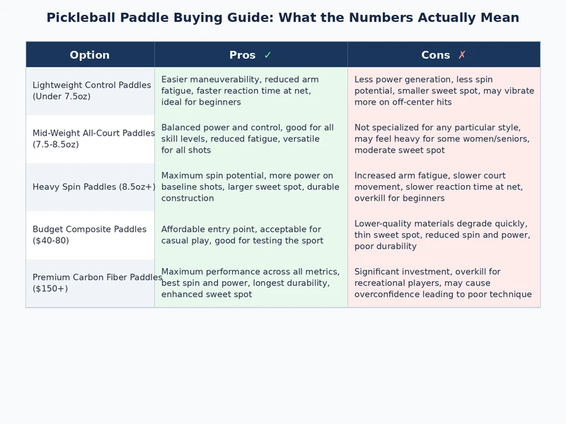 Pickleball paddle buying guide comparison chart showing weight, core thickness, and price tiers side by side