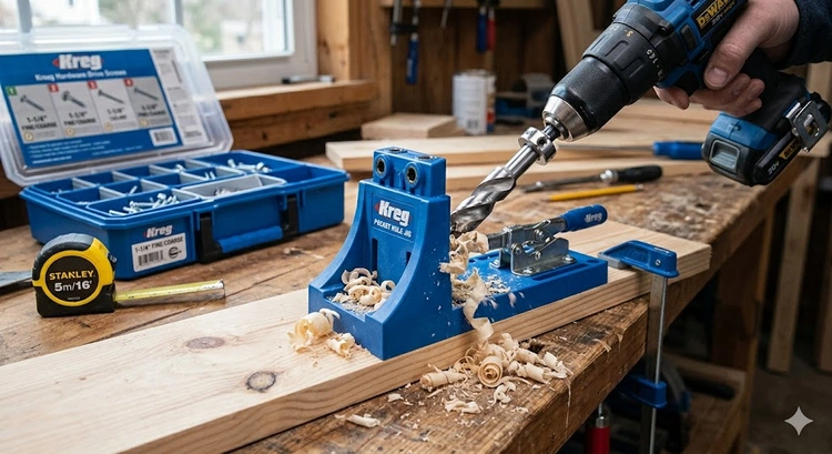 pocket hole jig buying guide components including drill bit, stop collar, and driver bit laid out on workbench