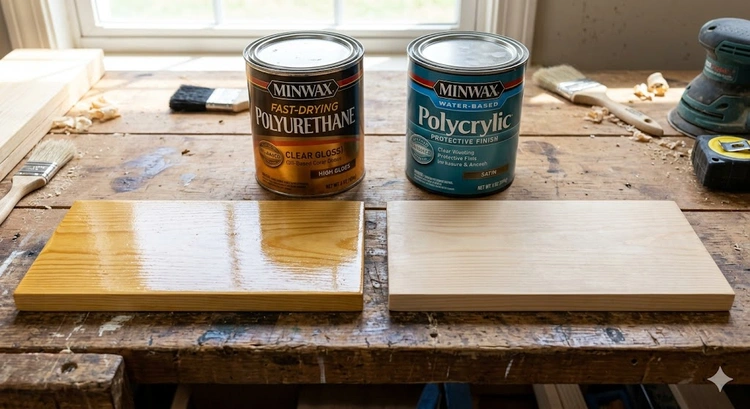 Polyurethane vs polycrylic finish applied side by side on raw oak wood