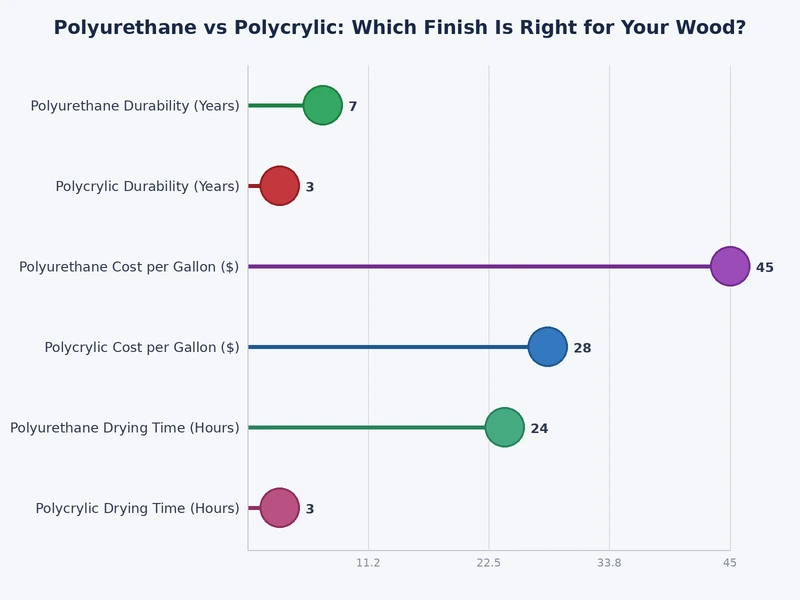 Bar chart comparing polyurethane vs polycrylic across durability, drying time, odor, and hardness ratings