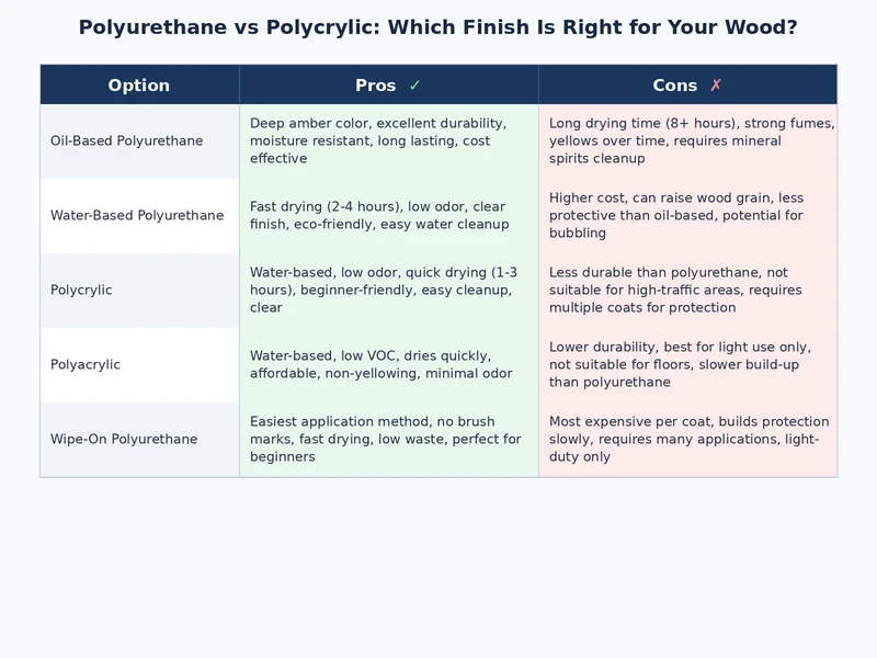 Visual comparison infographic summarizing polyurethane vs polycrylic across durability, ease of use, and project types
