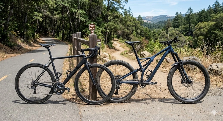 road bike vs mountain bike side by side on pavement and trail terrain