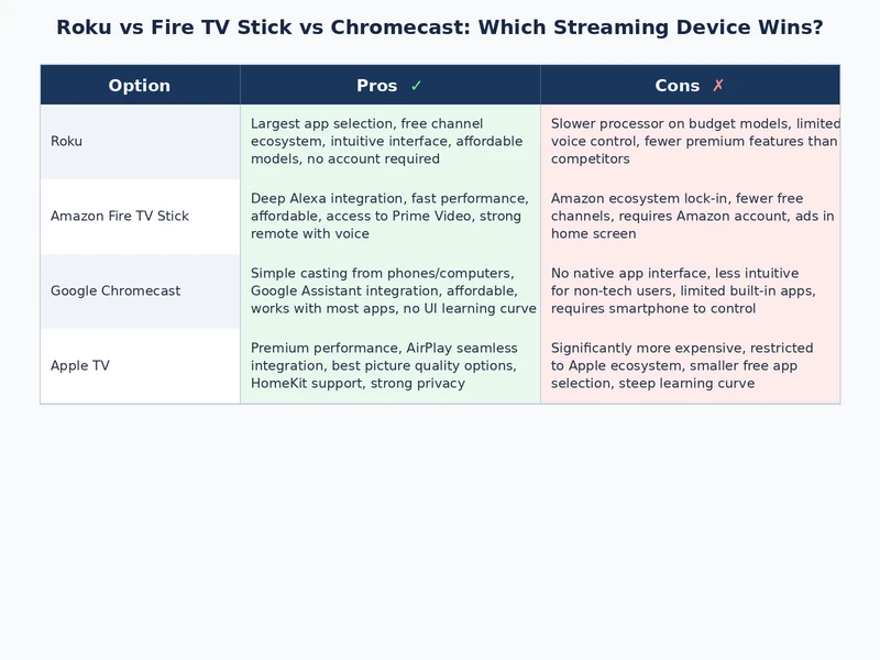 Comparison table of Roku vs Fire TV Stick vs Chromecast key decision factors