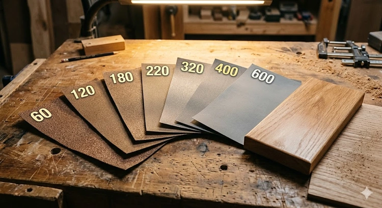 assorted sandpaper sheets in multiple grit levels showing sandpaper grit progression from coarse to fine