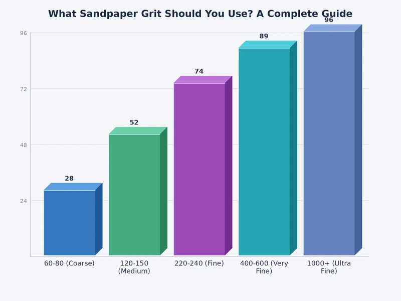 bar chart comparing sandpaper grit numbers from 40 to 600 and their corresponding use cases for wood metal and drywall