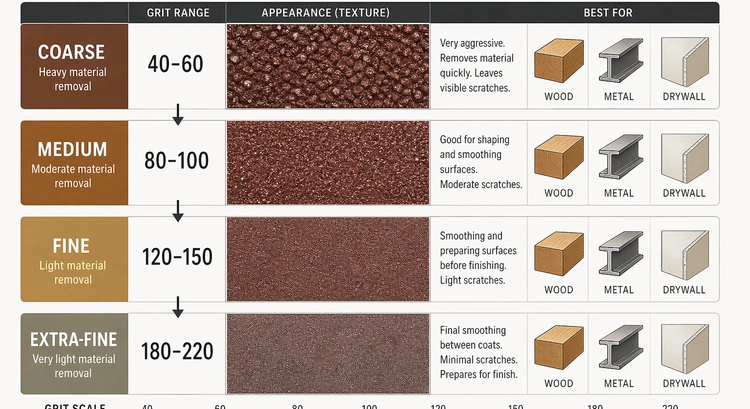 infographic showing sandpaper grit progression chart from 40 grit coarse to 600 ultra-fine with labeled use cases at each level