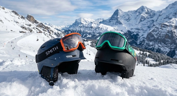 ski helmet vs snowboard helmet side by side comparison on snow