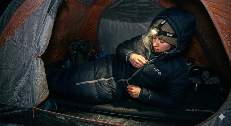 Sleeping bag temperature rating labels showing comfort, lower limit, and extreme values on an EN ISO certified tag