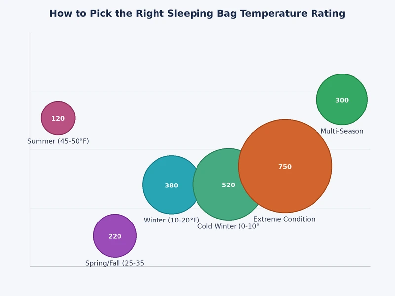 Bar chart comparing sleeping bag temperature ratings across summer, three-season, and winter categories by comfort and lower limit values