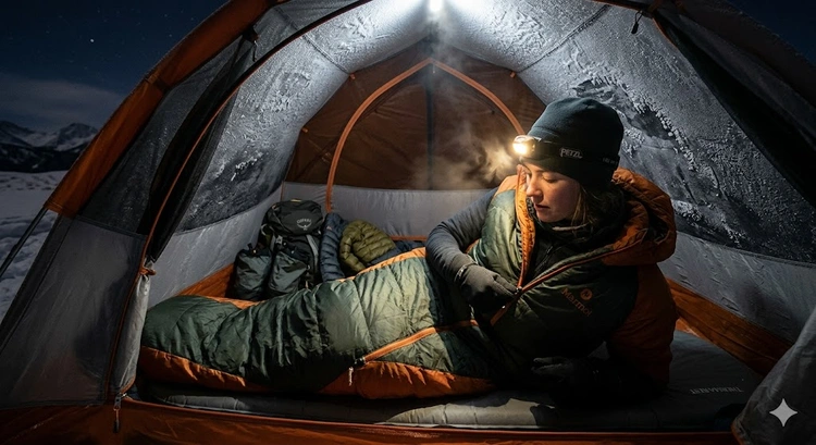 Infographic illustrating sleeping bag temperature rating adjustments for alpine, desert, and coastal terrain types