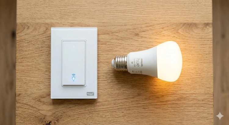 Smart switch vs smart bulb side-by-side comparison mounted on a home wall panel