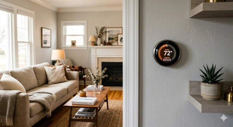 Smart thermostat buying guide — modern programmable thermostat mounted on wall with smartphone companion app