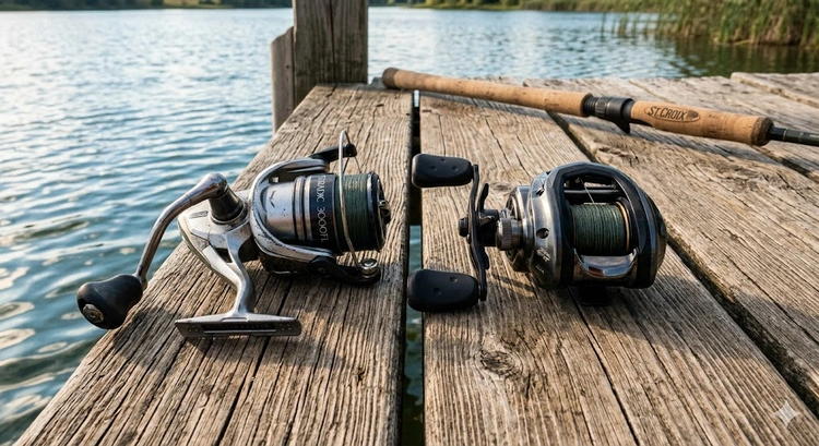 Spinning reel vs baitcasting reel side by side on a fishing dock