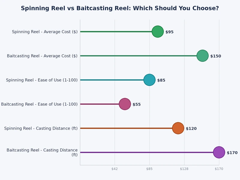 Bar chart comparing spinning reel vs baitcasting reel across ease of use, accuracy, lure range, and line capacity