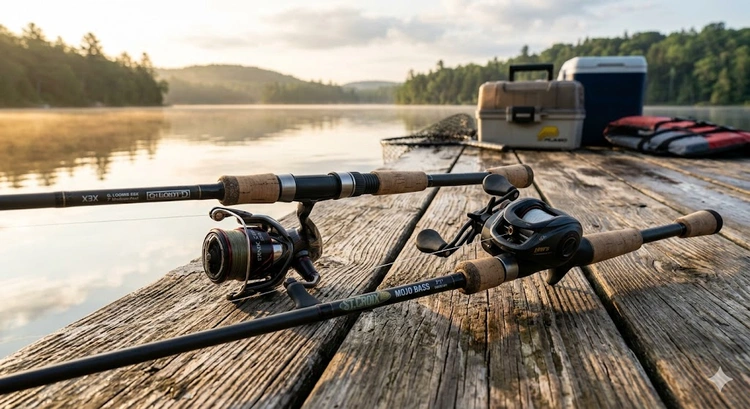 spinning rod vs casting rod comparison laying side by side on a dock