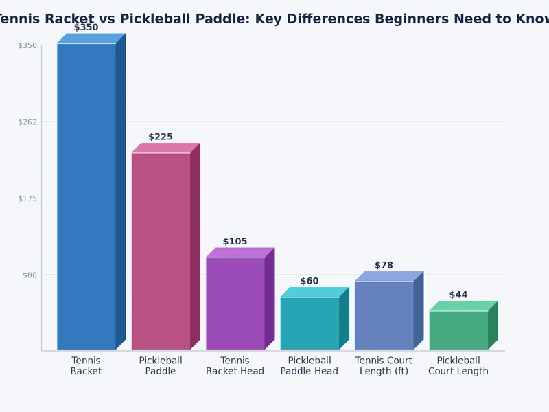 Bar chart comparing tennis racket vs pickleball paddle by weight, head size, and average price range