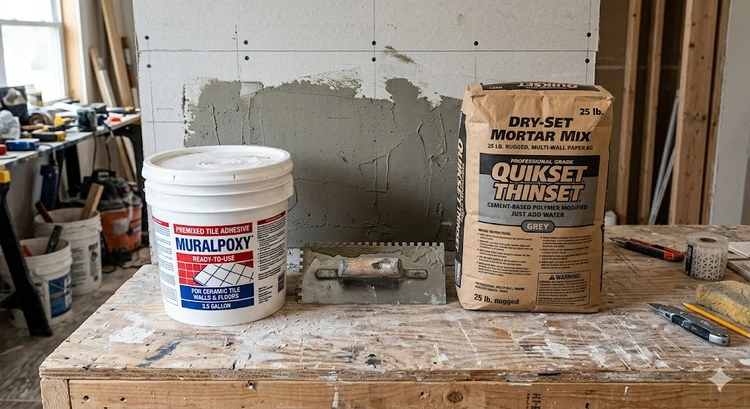 tile adhesive vs mortar shown side by side on a tiled surface with trowels