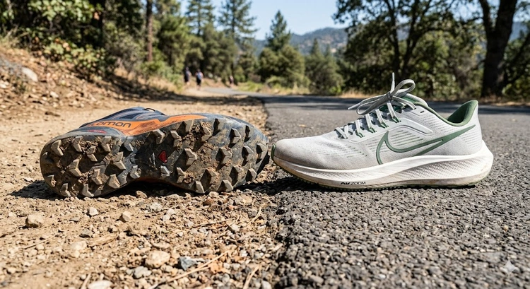 Trail running shoes vs road running shoes placed side by side on a rocky trail surface