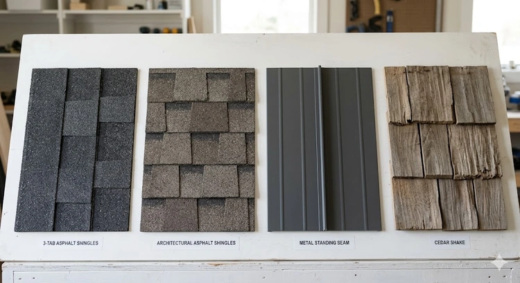 Types of roof shingles including asphalt, metal, and slate displayed on sample boards