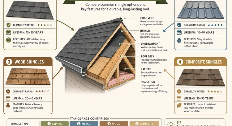 Infographic comparing types of roof shingles by lifespan, cost, weight, and climate suitability