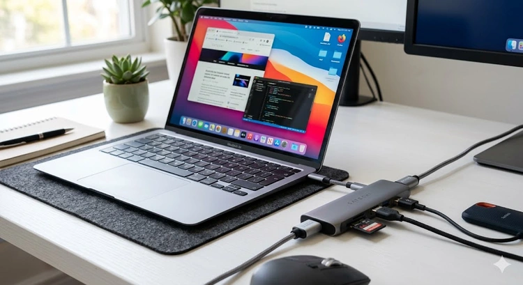 USB-C hub buying guide — array of multiport hubs on a desk with laptop