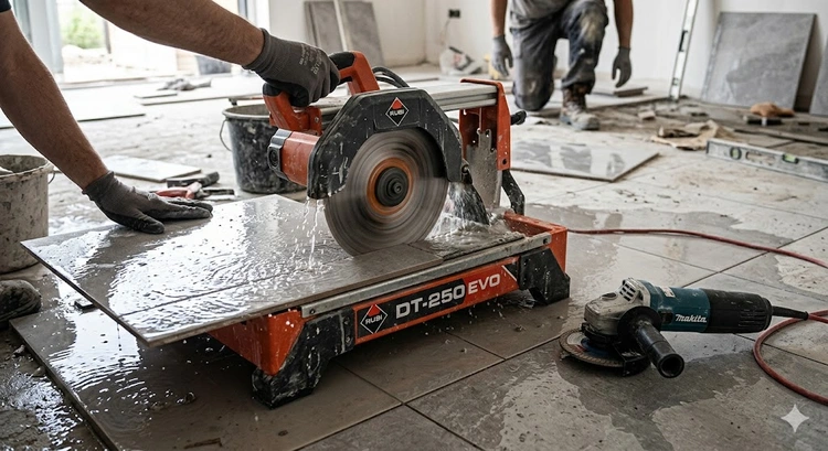 wet tile saw and angle grinder side by side for cutting ceramic and porcelain tile comparison