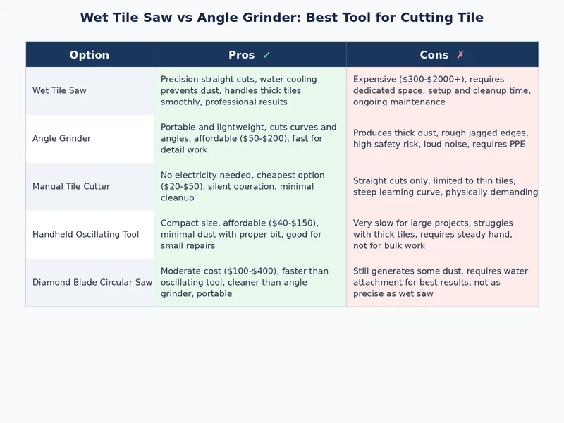 infographic comparison of wet tile saw vs angle grinder showing key specs accuracy dust control cost and best use cases
