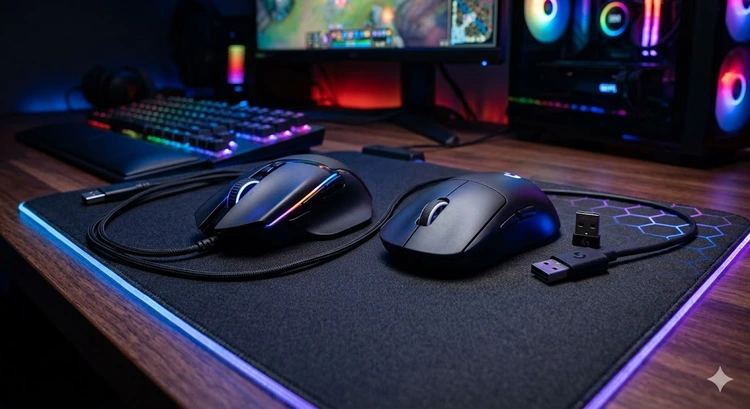 Wired vs wireless gaming mouse side by side on a gaming desk