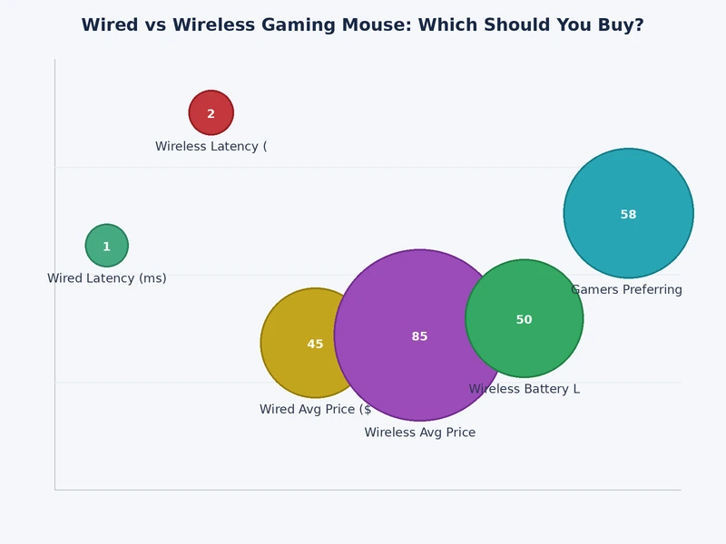 Bar chart comparing wired vs wireless gaming mouse latency, weight, and battery life scores