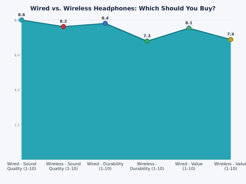 Bar chart comparing wired vs wireless headphones on latency, audio quality, convenience, and battery life