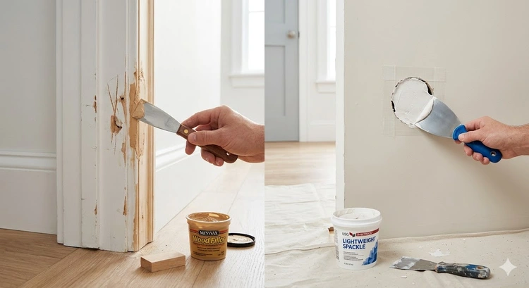 Wood filler vs spackle products side by side on a workbench showing different formulations