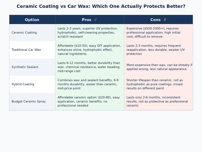 Ceramic coating vs car wax comparison chart showing durability cost and hydrophobic performance