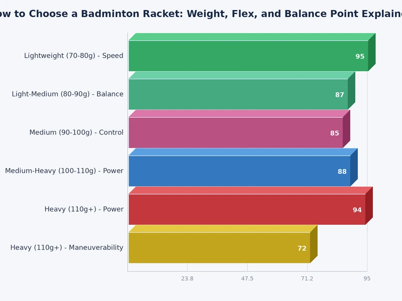 bar chart comparing badminton racket balance point types by power output and maneuverability score