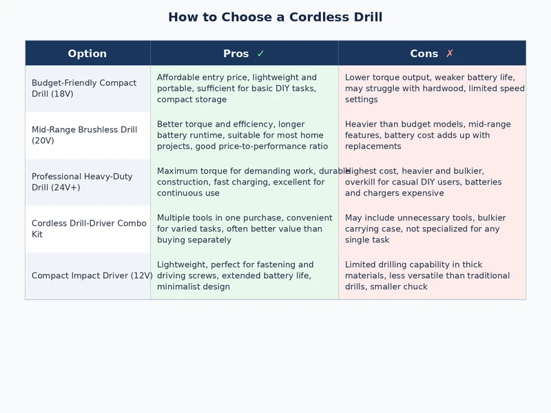 cordless drill comparison chart showing voltage, torque, and price range side by side