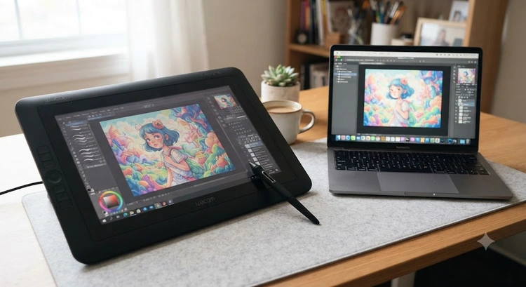 how to choose a drawing tablet for digital art — stylus resting on a graphics tablet beside a monitor