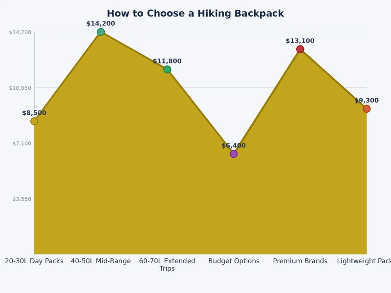 Hiking backpack volume vs. trip duration chart comparing daypack, weekend, and expedition categories
