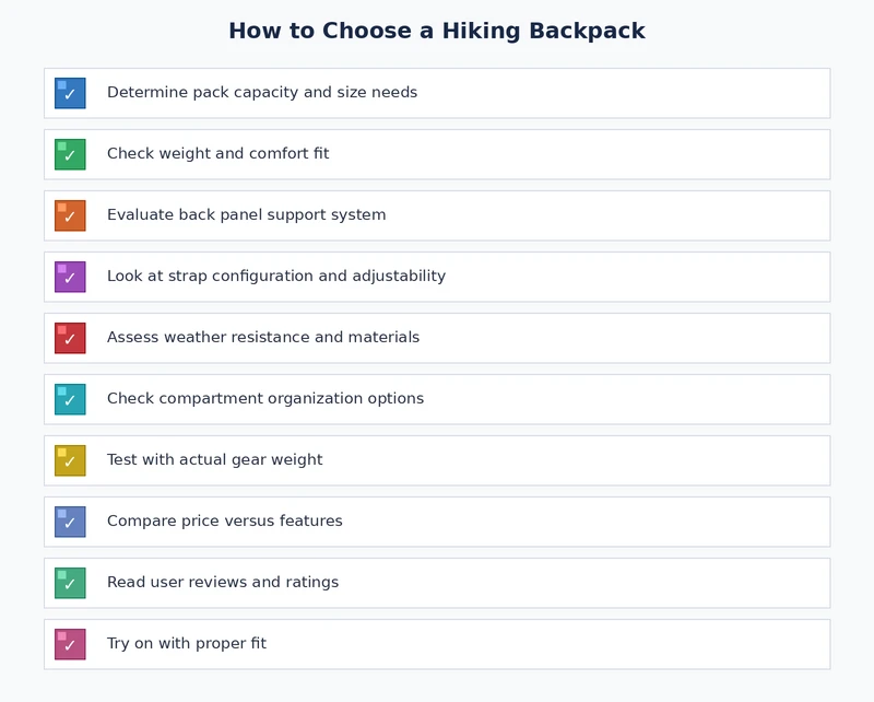 Hiking backpack buying checklist covering torso fit, volume, suspension, and care