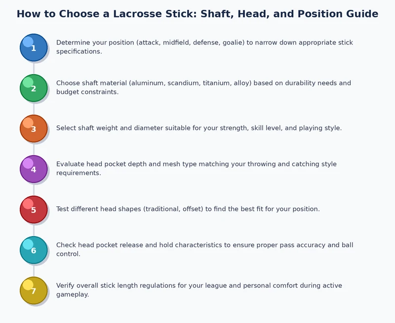 Step-by-step process diagram for how to choose a lacrosse stick by position, material, and head type