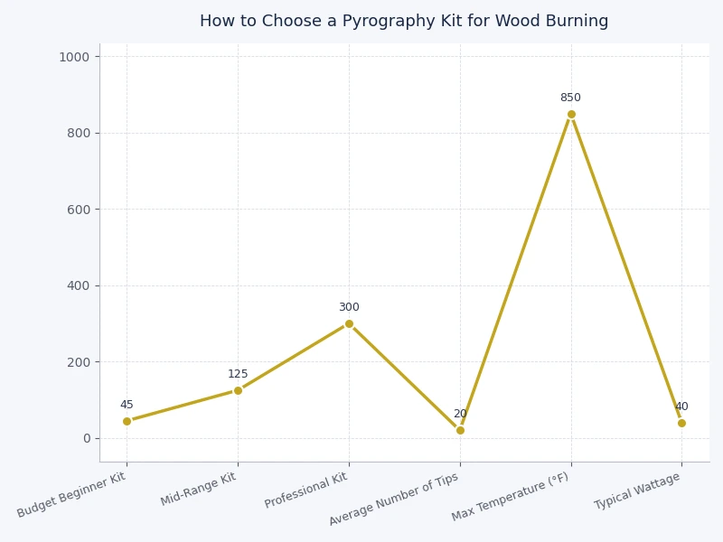 Chart comparing pyrography kit wattage ranges and temperature control accuracy across entry, mid, and professional tiers