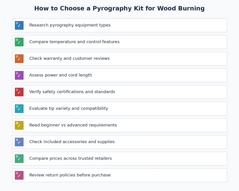 Pyrography kit buying checklist covering wattage, tip type, temperature control, and safety considerations