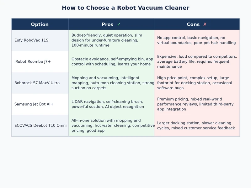 Robot vacuum brand comparison chart showing navigation capability suction performance and maintenance demands