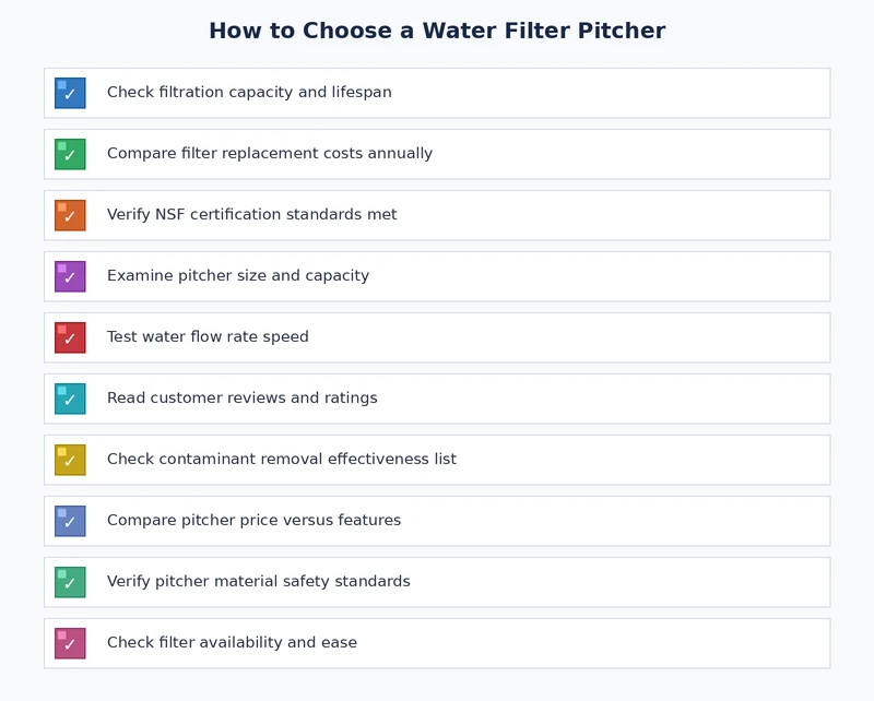water filter pitcher buyer's checklist covering filtration type, NSF certification, capacity, filter life, and replacement cost