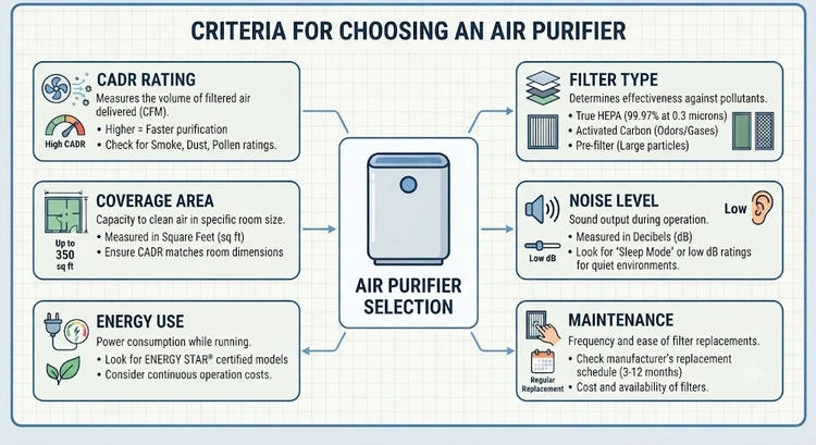 infographic showing key steps for how to choose the right air purifier for your home including CADR sizing and filter types