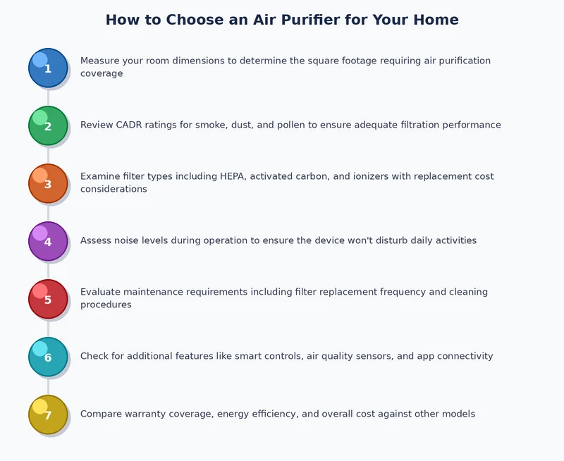Air purifier selection process chart — CADR calculation, filter type matching, and budget evaluation steps