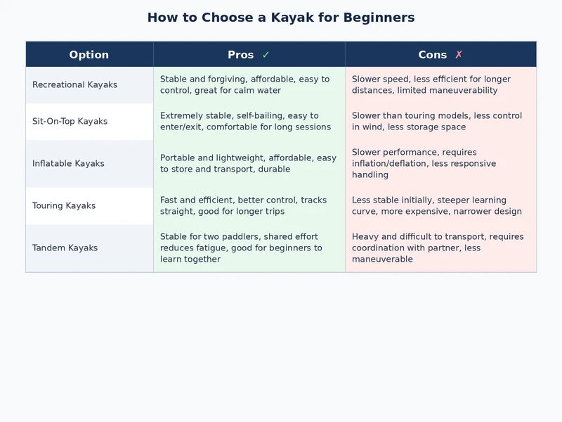 Side-by-side comparison chart of sit-in vs sit-on-top kayaks for beginners across stability, cost, and water conditions